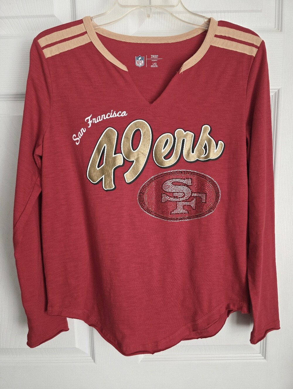 NFL Team Apparel San Francisco 49ers Women's Long Sleeve Rhinestone Graphic Top